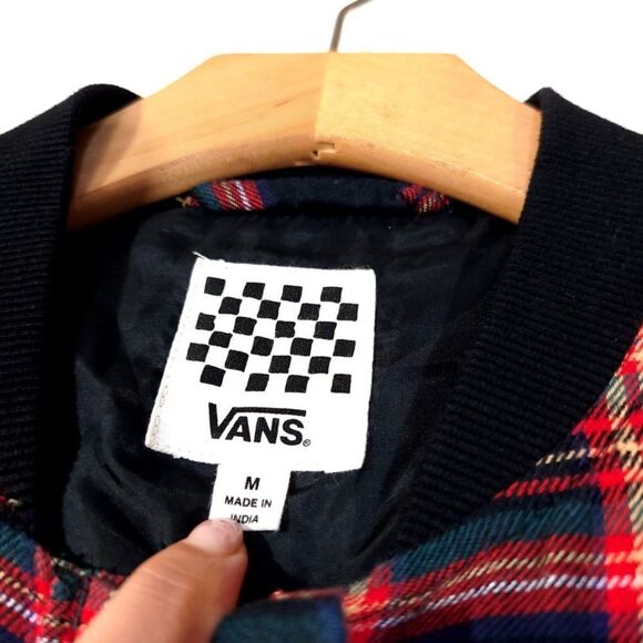 VANS Velouria Zip Up Bomber Jacket in Red Black Plaid 90s Grunge Punk Medium y2k - Picture 2 of 12